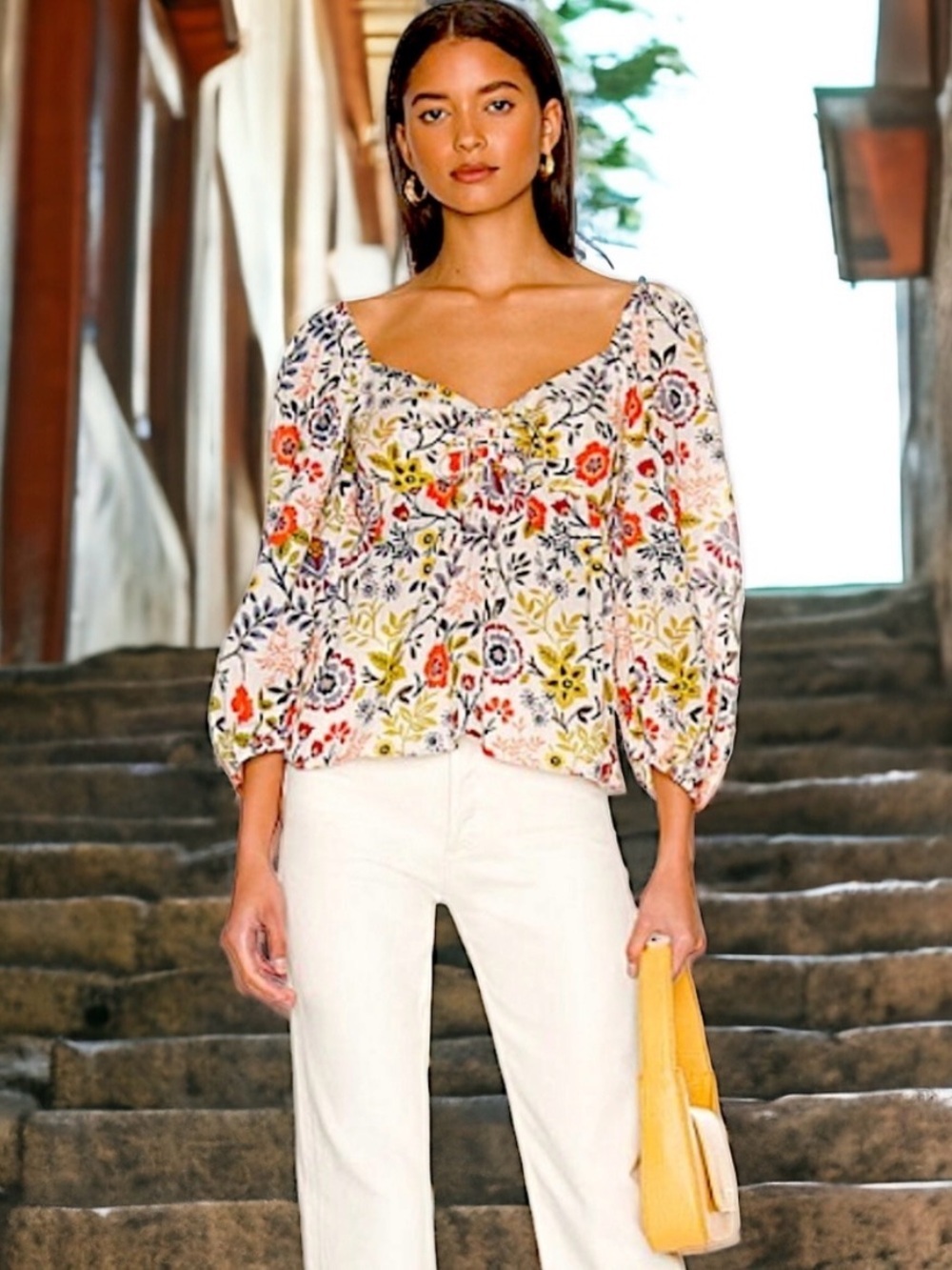 Velvet by Graham & Spencer White Multi Floral Peasant Top size S - Picture 2 of 11